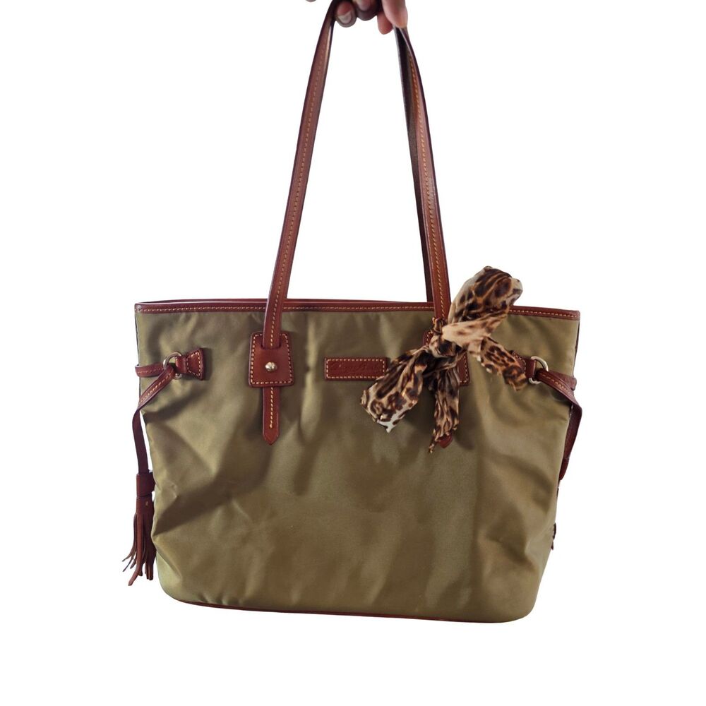 Dooney & Bourke Olive Khaki Nylon Shopper Tote Brown Leather Tassel